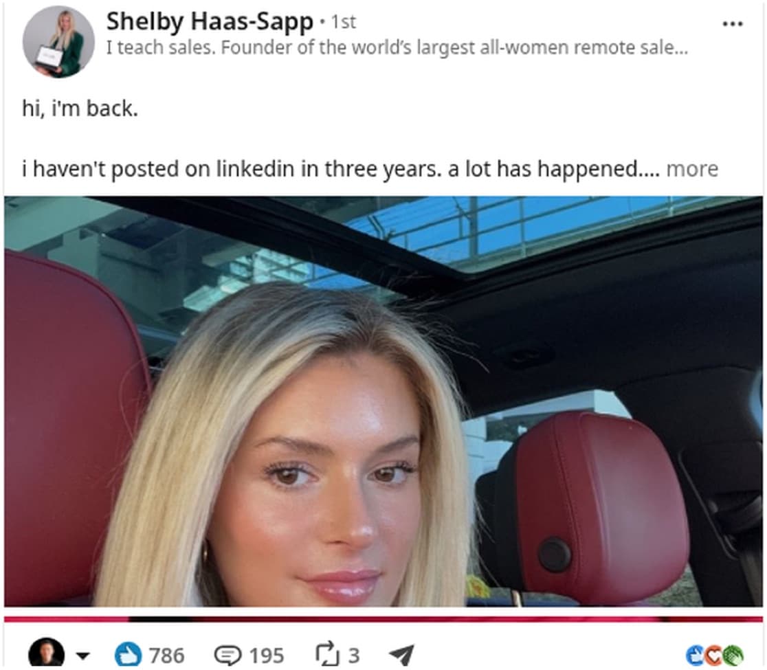 Her full-story reintro post in the feed: hi, i'm back. i haven't posted on linkedin in three years. 786 reactions, 195 comments.