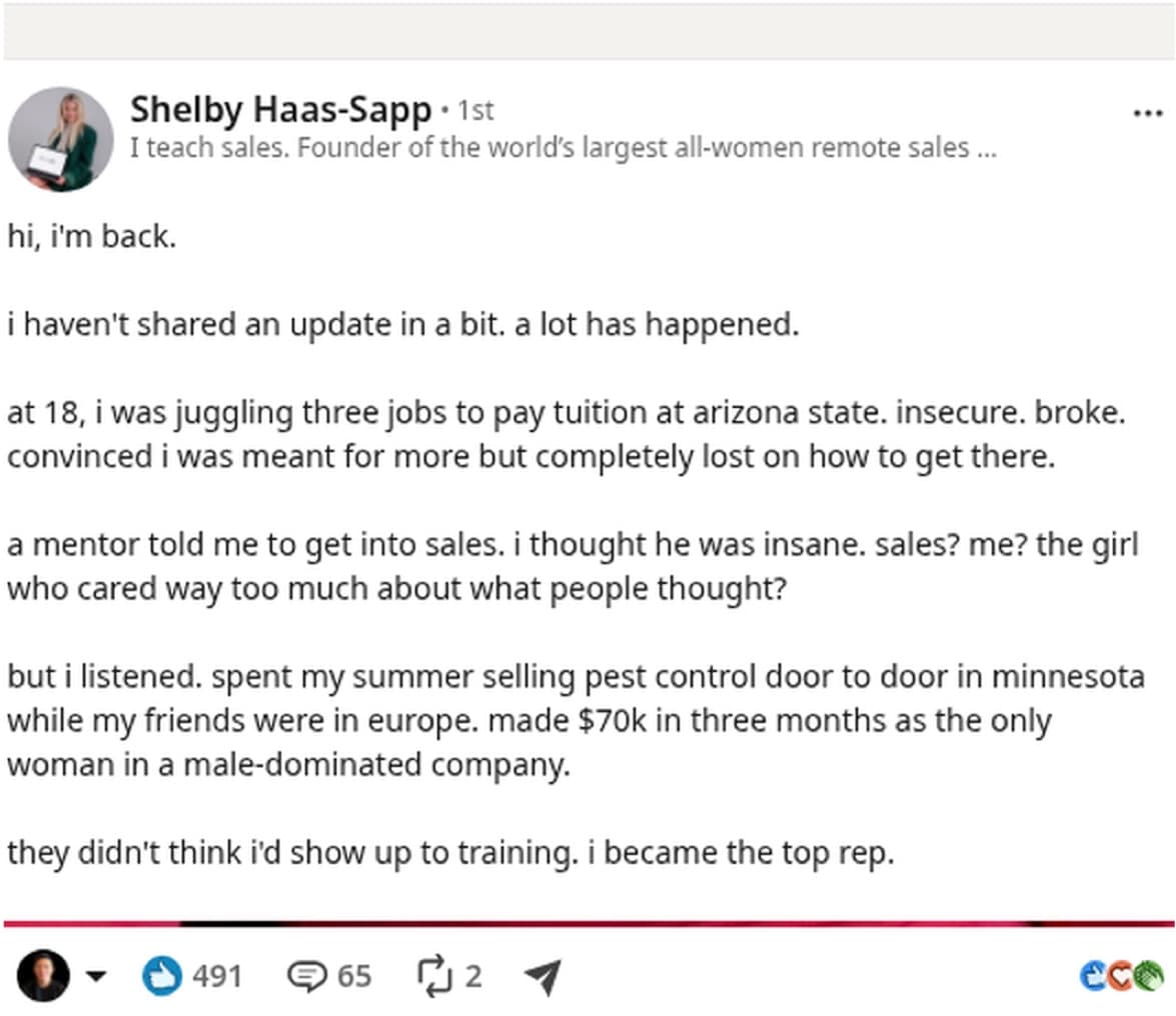 A later run of the full-story reintro: hi, i'm back. i haven't shared an update in a bit. 491 reactions, 65 comments.