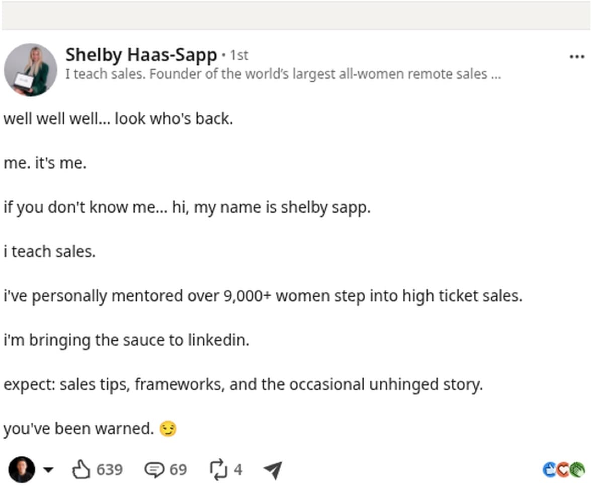 Day-1 teaser rerun: well well well... look who's back. i teach sales. i've personally mentored over 9,000+ women. 639 reactions, 69 comments.