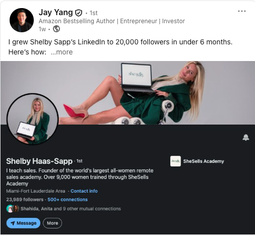 LinkedIn post announcing Shelby Sapp's follower growth results.